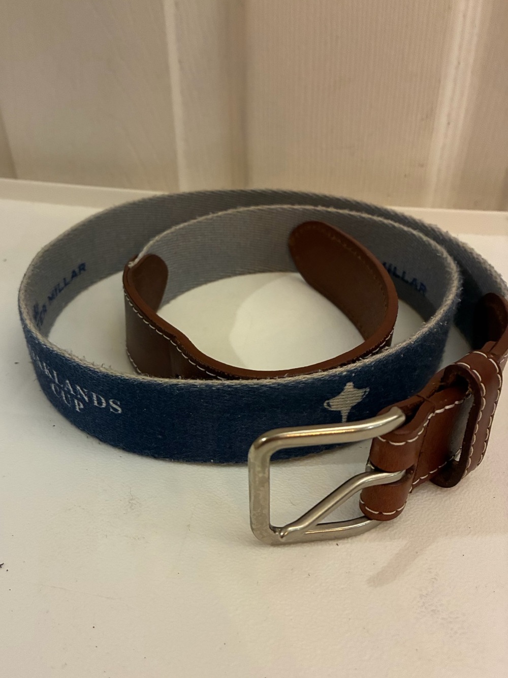 Peter Millar Mens Oaklands Cup Embroidered Canvas Leather Golf Belt Blue Size 36